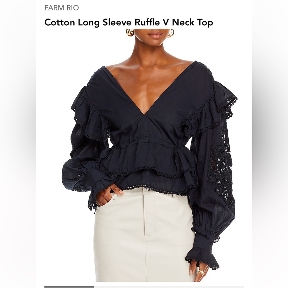 NWT - FARM Rio Cotton Long Sleeve Ruffle V Neck Top XS